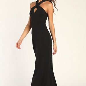 Lulus Keep You Enchanted Black Cutout Halter Mermaid Maxi Dress - Size L